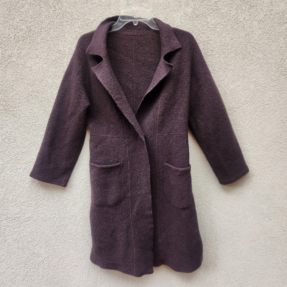 BABETTE Women's Coat Large 100% Wool Brown Knit Coatigan Long Minimalist
